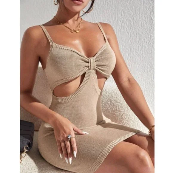 Cut Out Bodycon Mini Dress Tan - Picture 4 of 12